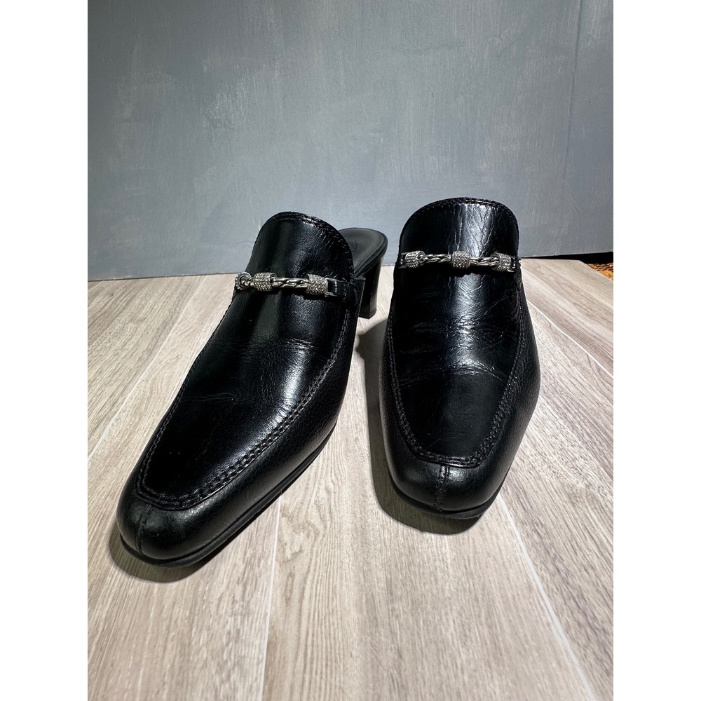 Black Leather Mules with Silver Chain Detail and Block Heel - Size 6.5 M